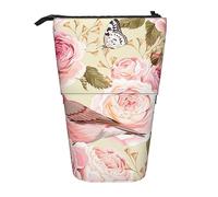 Oudrspo Astuccio per matite con rose inglesi e uccelli, simpatico astuccio per penne, astuccio telescopico per cancelleria, borsa per cosmetici e trucco per ufficio da donna