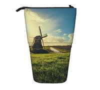 Oudrspo Astuccio telescopico nero Windmill On The Prairie Print Astuccio per matite in piedi Astuccio per cancelleria Portapenne telescopico Portamatite pop-up per lavoro d'ufficio Regalo di festa