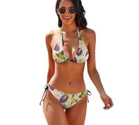 Oudrspo Bikini a Due Pezzi da Donna VintageMandala con Stampa di Frutta Viola e Fiori Gialli, Costume da Bagno a Triangolo con Laccetti.