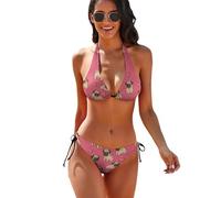 Oudrspo Bikini da Donna a Due Pezzi con Stampa di Un Simpatico Carlino e Un Cuore in Stile retrò, Modello a Triangolo.