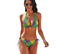 Oudrspo Bikini da Donna VintageMandala a Due Pezzi con Motivo Geometrico retrò Verde Oro Viola e Triangolo Stampato.