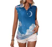 Oudrspo Canottiera da Golf da Donna Senza Maniche con Scollo a V e Colletto, con Stelle, Luna, Cielo e Galassia.