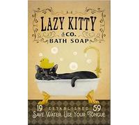 Oudrspo Cartello in latta di metallo da 12x16 pollici con scritta Black Cat Lazy Kitty Bath con scritta vintage, ideale per decorare la casa, il garage e come regalo.