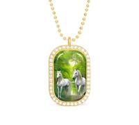 Oudrspo Collana personalizzata con tre cavalli bianchi e verdi per donne, collane con ciondolo rettangolare, gioielli di moda, regali in oro e argento