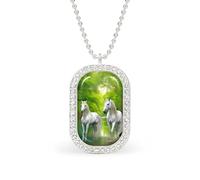 Oudrspo Collana personalizzata con tre cavalli bianchi e verdi per donne, collane con ciondolo rettangolare, gioielli di moda, regali in oro e argento