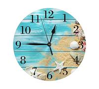 Oudrspo Conchiglie di mare Tavola di legno Sfondo Ora legale Orologio da parete Orologio silenzioso a batteria Orologio rotondo Decorazione da parete per casa, ufficio, scuola 9,8 pollici