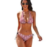 Oudrspo Costume da Bagno Bikini a Due Pezzi da Donna con Stampa di Un Barboncino Rosa e un'ape a Forma di Cuore, con Triangolo e Laccetti.