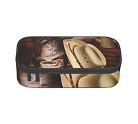 Oudrspo Cowboy Black Hat Western Boots Custodia per cancelleria durevole stampata con astuccio per matite con scomparto con cerniera Astuccio portatile di grande capacità