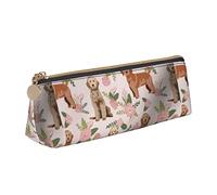 Oudrspo Golden Dog And Flower Pattern Astuccio per matite Astuccio per penne a triangolo Astuccio per matite portatile Organizer in pelle con astuccio cosmetico con cerniera