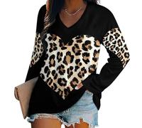 Oudrspo Maglietta con Scollo a V e Maniche Lunghe da Donna, con Cuore Leopardato, per Gli Amanti dei Leopardi, Camicette Casual di Base