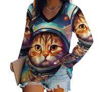 Oudrspo Maglietta da Donna con Scollo a V, Manica Lunga, Camicetta Casual di Base, con Simpatico Gatto nello Spazio