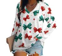 Oudrspo Maglietta da Donna con Scollo a V, Maniche Lunghe, Camicette Casual di Base, con Fiocchi di Natale, Rosso e Verde