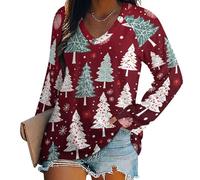 Oudrspo Maglietta da Donna con Scollo a V, Maniche Lunghe, Camicette Casual e basiche, con Alberi di Natale e Fiocchi di Neve