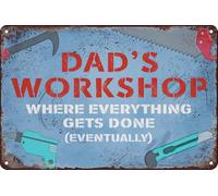 Oudrspo Novità Officina del papà dove tutto viene fatto alla fine, cartello in latta vintage per bar, casa, soggiorno, camera da letto, cucina, giardino, garage, bar, pub, 8x12 pollici