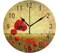 Oudrspo Orologi da parete silenziosi da 10 pollici senza ticchettio funzionanti a batteria paesaggio di fiori di papavero vintage natura, per ufficio, casa, bagno