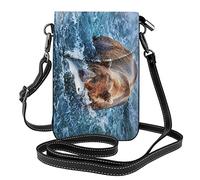 Oudrspo Orso caccia pesce sulla borsa a tracolla in pelle dell'Alaska piccola borsa per cellulare mini borsa a tracolla per donna ragazza