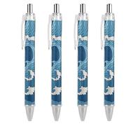 Oudrspo Penna a sfera a onda blu e bianca, retrattile, con inchiostro nero liscio, per ufficio, 4 pezzi