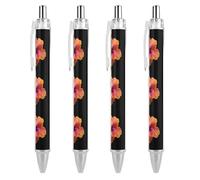Oudrspo Penna a sfera divertente con stampa a forma di fiore di ibisco arancione, retrattile, nera, con punta fine e corpo rotondo, 0,5 mm, 1/2/4 pezzi
