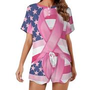 Oudrspo Pigiama da Donna con Bandiera per la sensibilizzazione sul Cancro al Seno, a Maniche Corte, Morbido Pigiama da Salotto