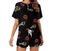 Oudrspo Pigiama da Donna con Mano Scheletro Che Tiene Una Rosa, a Maniche Corte, Morbido Pigiama da Salotto