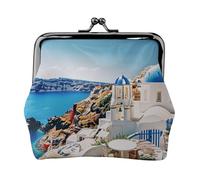 Oudrspo Portafoglio con chiusura a bacio in pelle stampata Santorini Island Sea View per donna - Portamonete compatto e sicuro