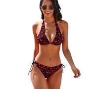 Oudrspo Set Bikini a Triangolo da Donna con Cuori Rossi per San Valentino, Due Pezzi con Laccetti Laterali.
