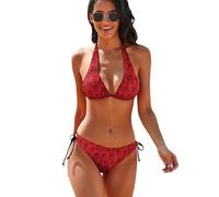 Oudrspo Set Bikini a Triangolo da Donna con Cuori Rossi per San Valentino, Due Pezzi con Laccetti Laterali.