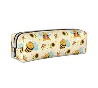 Oudrspo Simpatico astuccio per matite con motivo ape e girasole Astuccio per penna rotondo Astuccio per matite portatile Organizer in pelle con astuccio cosmetico con cerniera