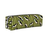 Oudrspo Simpatico pinguino e motivo a strisce verdi Astuccio per matite rotondo Astuccio per matite portatile Organizer in pelle con astuccio cosmetico con cerniera