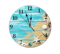 Oudrspo Summer Time Orologio da parete con conchiglie di mare Orologio rotondo silenzioso a batteria Sfondo in legno Stampa Decorazione da parete per casa, ufficio, scuola 9,8 pollici