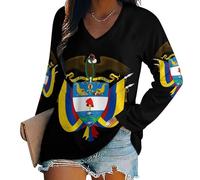 Oudrspo T-Shirt con Scollo a V e Maniche Lunghe da Donna con Stemma della Colombia, Camicette Casual di Base