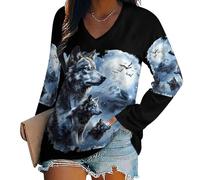 Oudrspo T-Shirt con Scollo a V e Maniche Lunghe da Donna Star Wolf, Camicette Casual di Base