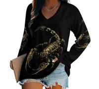 Oudrspo T-Shirt da Donna con Scollo a V e Maniche Lunghe, Camicette Casual di Base, Stile Tribale Dorato con Scorpione