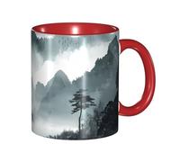 Oudrspo Tazza da caffè in ceramica bicolore con dipinto di paesaggio cinese (325 ml), classica con manico rotondo, adatta al microonde, con finitura liscia e lucida, ideale per ufficio e casa.