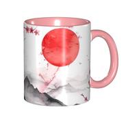 Oudrspo Tazza da caffè in ceramica bicolore con monte e sole rosso giapponese (325 ml), classica con manico rotondo, adatta al microonde, con finitura liscia e lucida, ideale per ufficio e casa.