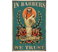 Oudrspo Vintage Parrucchiere Barbiere We Trust Barber Life Salon Poster Metallo Alluminio Targa in Latta 8x6 Pollici Decorazione da Parete