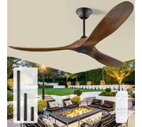 OUENGK Ventilatore a Soffitto in Legno Senza Luce 178 cm per Esterno/Interno, Con Telecomando, Motore DC Reversibile Ultra Silenzioso A Sei Velocità, 3 Pale - Per Patio, Gazebo, Soggiorno Rustico