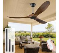 OUENGK Ventilatore da soffitto in legno per esterno da 152 cm senza luce con telecomando, 3 pale in grana di quercia, ventilatore da soffitto rustico per balcone gazebo a sei velocità