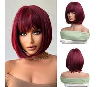 OUFEI 10 Pollici Vino Rosso Bob Parrucca Donna Breve Dritto Parrucche Capelli Sintetici Cosplay Uso Quotidiano Partito