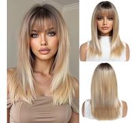 OUFEI Bionde Ombre Parrucche per Le Donne Di Media Lunghezza Lunga Parrucca Dritta con Frangetta Capelli Sintetici Resistenti Al Calore Parrucche per Ogni Partito Cosplay Wear