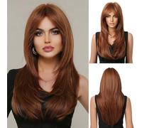 OUFEI Lungo Dritto Rame Marrone Stratificato Parrucche Naturali per Le Donne Naturali Capelli Sintetici Resistenti Al Calore Parrucche per La Festa Quotidiana Cosplay Wear-24 Pollici