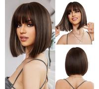 OUFEI Marrone Bob con Luce Interna Parrucca Donna con Frangetta Parrucca Corta Dritta Parrucche Di Capelli Sintetici per La Festa Quotidiana Cosplay Indossare