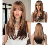 OUFEI Marrone Ombre Biondo Scuro Parrucca con Frangetta Lunghe e Dritte per Donne Parrucche Corte a Strati Parrucche Di Capelli Sintetici Resistenti Al Calore per La Festa Quotidiana Cosplay Wear