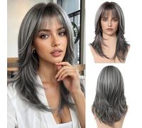 OUFEI Parrucca grigia da donna, lunghezza media, con frangia, naturale, liscia, in capelli sintetici, resistente al calore, per uso quotidiano, feste e cosplay