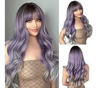 OUFEI - Parrucca lunga con ombreggiatura viola e frangia, capelli naturali mossi, parrucca sintetica naturale resistente al calore per donne, per uso quotidiano, feste e cosplay