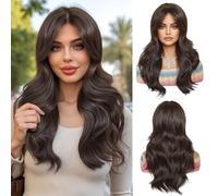 OUFEI Parrucca Lunga Marrone Scuro con Frangia a Tenda Parrucche Naturali Ondulate per Donne Capelli Sintetici Naturali Parrucche Resistenti Al Calore per Usura Quotidiana Cosplay Party