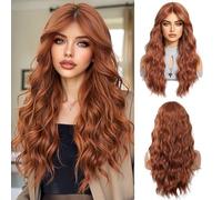 OUFEI - Parrucca lunga mossa castana con frangia a tendina, da donna, capelli sintetici naturali ricci resistenti al calore per uso quotidiano, feste e cosplay