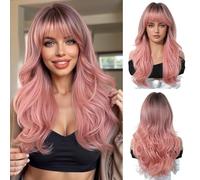 OUFEI Parrucca Lunga Ombre Pink con Frangia a Tenda Parrucche Naturali Ondulate per Donne Parrucche Naturali Di Capelli Sintetici Resistenti Al Calore per Usura Quotidiana Del Partito Cosplay