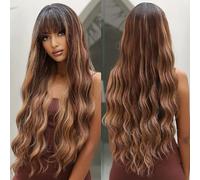 OUFEI Parrucca lunga ondulata marrone evidenziante con frangia capelli sintetici naturali resistenti al calore per le donne Cosplay uso quotidiano festa