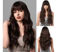 OUFEI Parrucca Lunga Ondulata Marrone per Donne con Ciuffo, Capelli Naturali Sintetici Resistenti al Calore, Parrucche per Uso Quotidiano, Festa, Cosplay